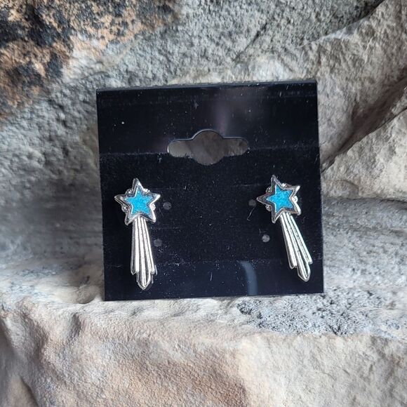 New! Genuine Turquoise Shooting Star Silver Stud Earrings - Picture 2 of 3